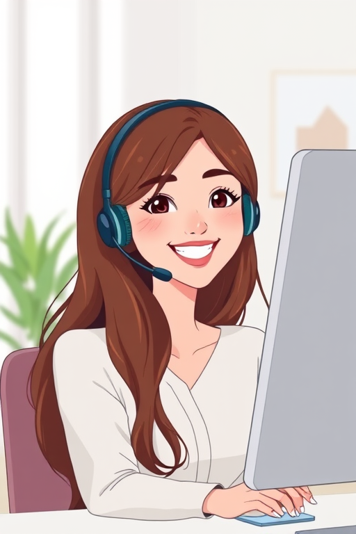 Create an illustration of a cheerful woman with long brown hair wearing a headset, sitting in front of a computer monitor, in a clean and modern workspace, using a soft color palette, with a clear focus, high resolution, DSLR camera settings: f/2.8 aperture, 1/60 shutter speed, ISO 100, in a brightly lit room with soft diffused lighting, shot from a slightly elevated angle.