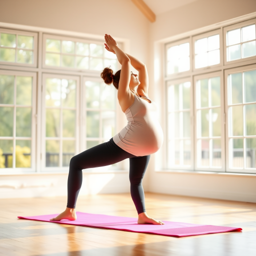 A pregnant woman practicing yoga in a bridge pose on a pink mat in a bright room with large windows, natural light, Canon EOS R5, 50mm lens, f/1.8, ISO 100, soft focus background.