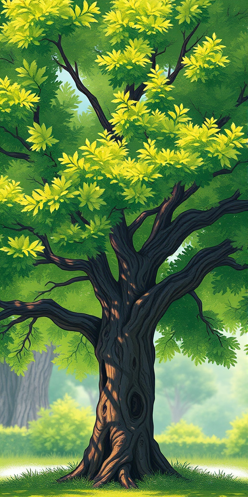 Regenerate a detailed illustration of a lush green tree with a thick trunk and abundant foliage, using a DSLR camera with a 50mm lens, aperture set to f/2.8, ISO 100, natural lighting for enhanced color vibrancy, and a shallow depth of field to focus on the tree against a blurred background.