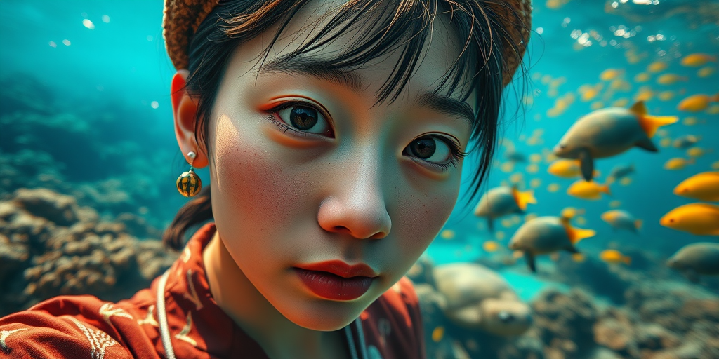 Realistic selfie image of a Chinese, wearing a vintage outfit, detailed dreamy eyes, droopy hooded eyes, staring at the camera, taken underwater at coral reef with a sunbeam filtering through the water, vibrant, summer vacation, natural lighting, turtle and school of tropical fish with vibrant colors, rendered in the style of CryEngine, Pegi Nicol MacLeod, with realistic genre scenes, hauntingly beautiful narratives, ultra-realism, and Thomas Saliot's close-up technique, 8K resolution, crystal clear and sparkling water.