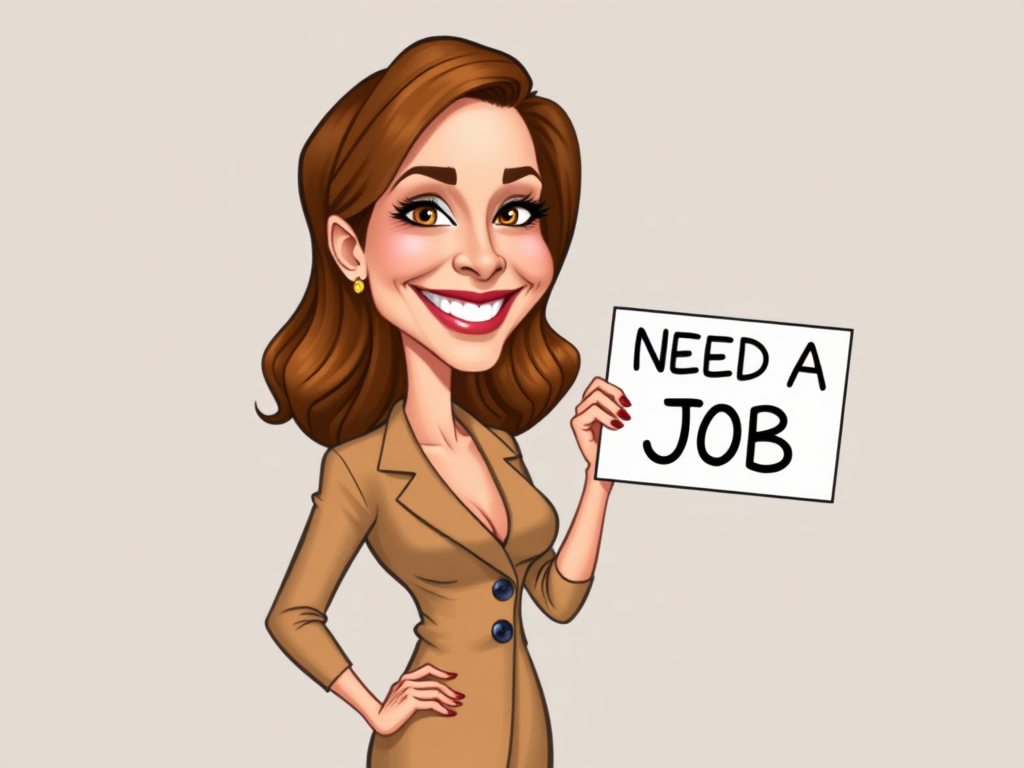 caricature of a smiling Julianne Moore in a Tan dress or suit, holding up a sign that says "NEED A JOB", no watermark,
