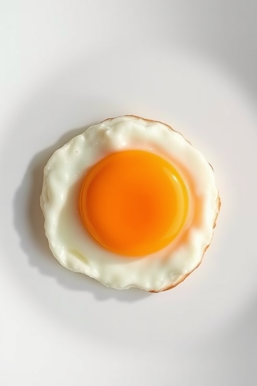 A perfectly cooked sunny-side-up egg on a smooth white plate, top-down view, natural lighting, Nikon D850, 50mm lens, f/1.8, ISO 100, 1/250 sec, high-resolution macro photography.