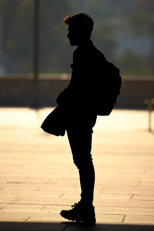 Generate a high-quality silhouette image of a person standing with a bag, shot with a Canon EOS R5 at f/2.8, ISO 100, 50mm focal length, in natural light with a blurred background for depth.