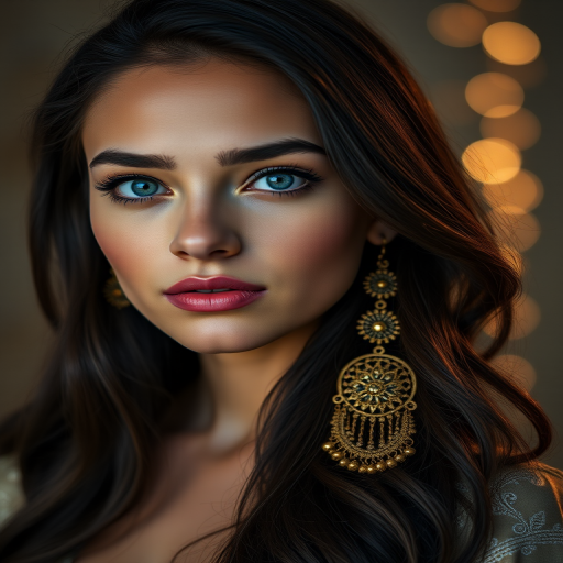 regenerate a portrait of a young woman with long dark hair and striking blue eyes, wearing ornate golden earrings and subtle makeup, captured in soft diffused lighting, using a Canon EOS R5 at f/1.8, 50mm lens, ISO 100, 1/200s, in a shallow depth of field for a beautiful bokeh effect in the background