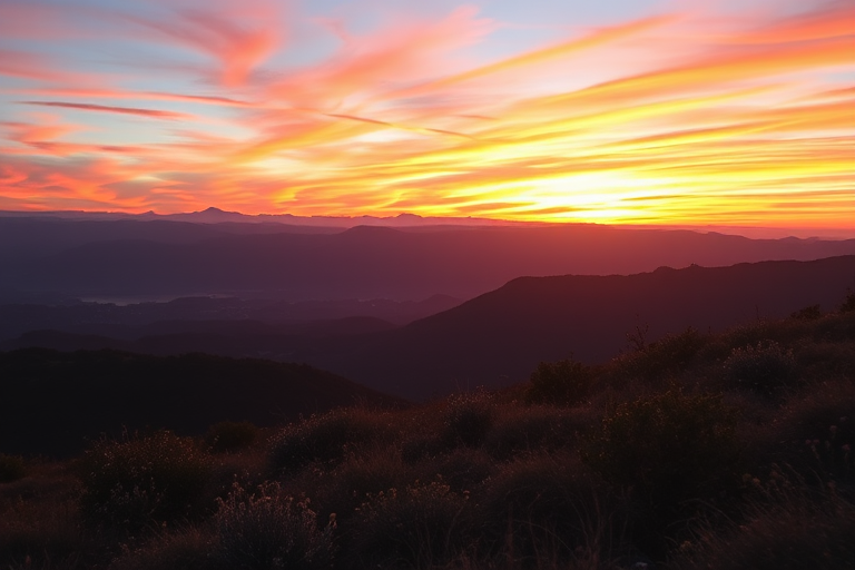 Create an image of a scenic landscape during sunset, capturing vibrant colors in the sky with mountains in the background, using a DSLR camera with a 50mm lens, aperture set to f/1.8, ISO 200, and a shutter speed of 1/200s, with a slightly low angle view for depth and richness in the foreground.