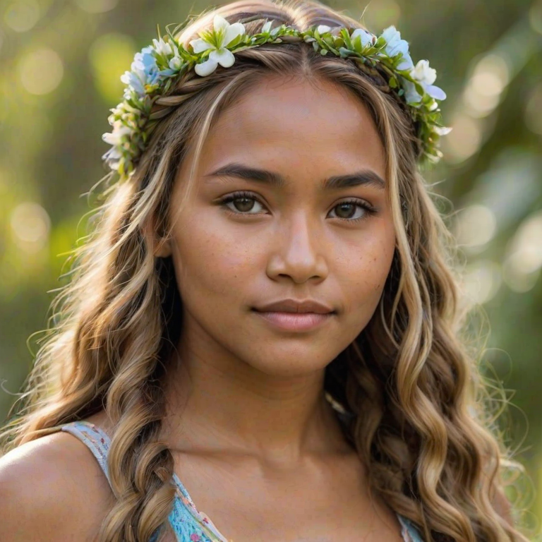 Create an image of a young Micronesian woman with long, wavy blonde hair, adorned with small, colorful flowers woven into her braids and loose strands. Her complexion is fair, with soft, glowing skin, and she has light blue eyes that gaze softly at the viewer. She wears a light, flowing dress with a gentle, ethereal quality, complementing her delicate and serene appearance. The background is slightly blurred, drawing focus to her tranquil expression and the intricate details of the flowers in her hair. The overall mood of the image is one of natural beauty and grace, evoking a sense of peacefulness and connection with nature.