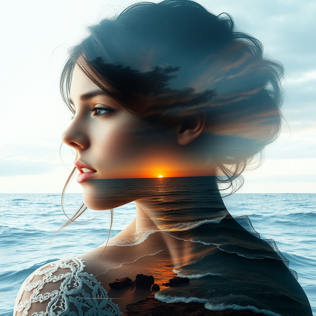 design Book cover, A surreal double exposure portrait that blends a woman's face with a beautiful seascape. The overall mood is dreamy and mystical, with rich colors and intricate details