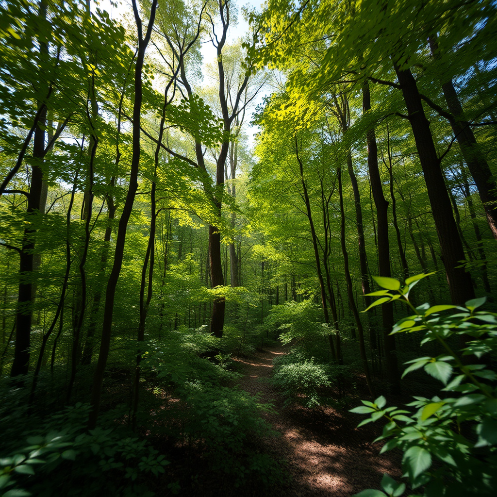 Generate a high-resolution image of a tranquil forest scene with vibrant green foliage, dappled sunlight filtering through the trees, photographed with a Canon EOS R5 using a 50mm f/1.2 lens, at aperture f/2.8, ISO 100, and a shutter speed of 1/125s, capturing a wide-angle view with a shallow depth of field for a dreamy effect.