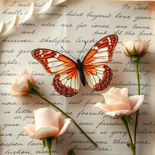 Create a vintage-inspired image featuring a textured background of aged parchment covered in faded handwriting, with soft pastel-colored roses and a delicate butterfly overlay, captured with a Canon EOS R5, aperture f/2.8, ISO 100, 50mm lens, in soft natural light for a warm nostalgic effect.