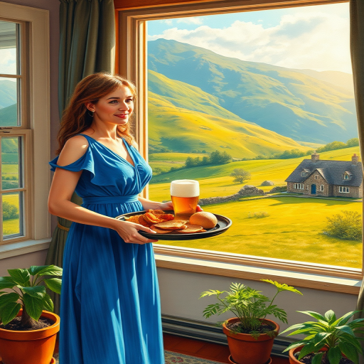 In "A Glass of Beer on the Highland," a serene scene is depicted in a sunlit room where a woman in a vibrant blue dress stands by a large window. She holds a tray with a hearty meal and a frothy glass of beer, embodying a moment of relaxation. Outside, the breathtaking highland landscape features rolling green hills and a charming traditional house, all bathed in warm afternoon light. The interior is adorned with potted plants, creating a harmonious blend of comfort and nature. The painting beautifully captures the tranquility and joy found in simple pleasures amidst stunning scenery