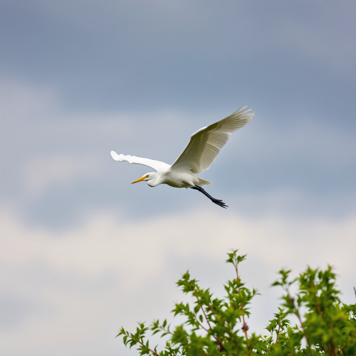 A white egret in mid-flight against a cloudy sky, captured with a DSLR camera using a 400mm lens, aperture set to f/5.6, ISO 200, and a shutter speed of 1/1000s for sharp focus, shot from a low angle to emphasize the bird's wings and surrounding greenery.