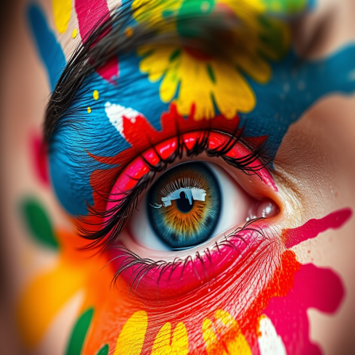 Close-up shot of a colorful painted eye with vibrant colors around the face, macro lens, aperture f/2.8, shutter speed 1/250s, ISO 100, soft natural lighting, DSLR camera, eye level view, shallow depth of field.