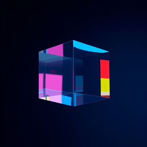 Generate a high-resolution image of a floating, translucent cube with colorful reflections against a dark blue background, using a Canon EOS R5 camera, 50mm lens, aperture f/1.8, ISO 100, 1/200s shutter speed, with a soft-focus bokeh effect and dramatic lighting.