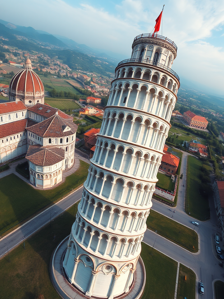 Create a high-resolution 3D rendering of the Leaning Tower of Pisa from an aerial perspective, with a wide-angle lens at f/11, ISO 100, using a DSLR camera to enhance clarity and detail, in natural daylight, emphasizing texture and architectural features.