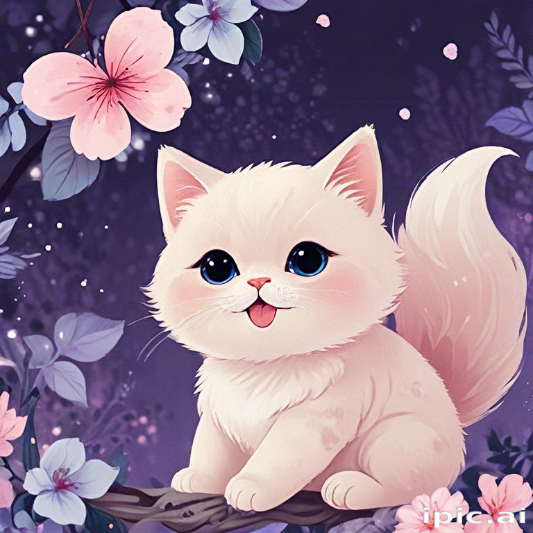 Adorable Fluffy White Kitten Surrounded by Beautiful Blossoming Flowers ...