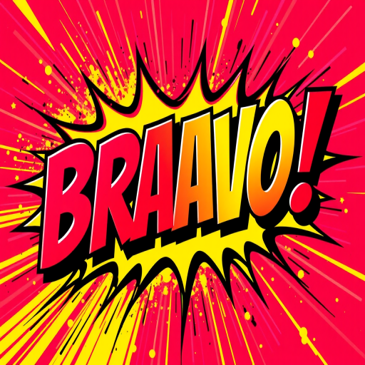 Create an image of a vibrant comic-style "BRAVO!" text, using a bright color palette with a dynamic explosion background, shot with a DSLR camera at f/2.8 aperture, ISO 100, and a 50mm lens.