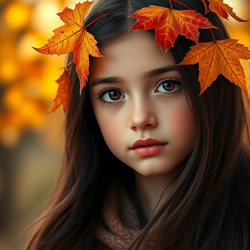 Create a highly detailed portrait of a girl with long dark hair adorned with autumn leaves, soft natural lighting, 85mm lens, f/1.8 aperture, ISO 100, shallow depth of field, shot from eye level with a soft focus background, digital art style.
