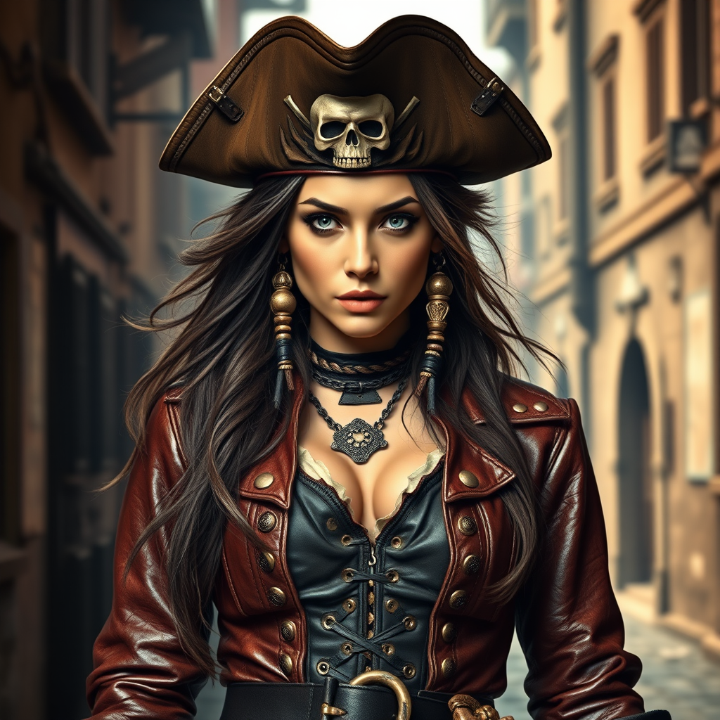 Create a portrait of a fierce female pirate. She wears a leather tricorn hat adorned with a skull and crossbones emblem, and her long, dark hair flows around her face. Her outfit consists of a richly detailed leather jacket, a corset, and multiple layers of belts and accessories, giving her a formidable and stylish appearance. She stands confidently in a dimly lit, historic port town, with a backdrop of weathered buildings and cobblestone streets, capturing the adventurous spirit of a pirate.