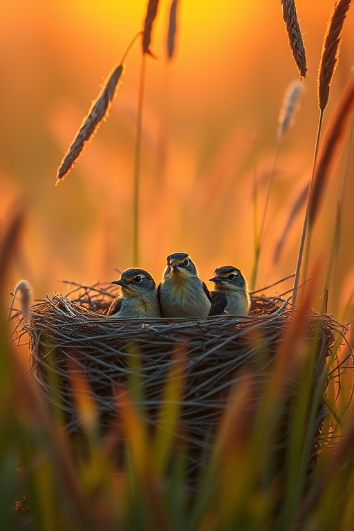 Regenerate an image of three birds in a nest surrounded by tall grass during golden hour, with a shallow depth of field to blur the background, captured with a Canon EOS R5 at 50mm f/1.8, ISO 200, shutter speed 1/200s.