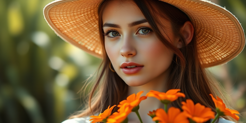 A portrait of a young woman with soft features wearing a wide-brimmed hat, holding orange flowers, with a blurred natural background, taken with a Canon EOS R5, 50mm lens, f/1.8 aperture, ISO 100, soft natural lighting for a dreamy effect.
