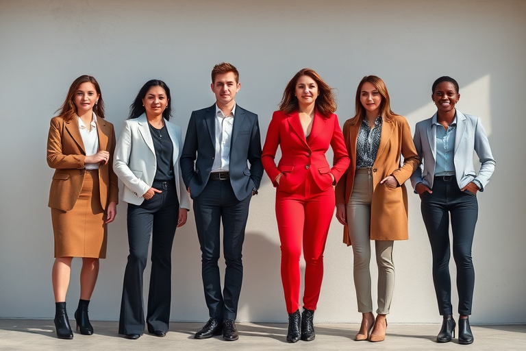 Create an image of four stylish professionals standing confidently in a line, emphasizing diverse body language and fashion styles, captured with a Canon EOS 5D Mark IV, 50mm f/1.8 lens, aperture f/2.8, ISO 100, natural light, shot from a slight low angle for an empowering perspective.