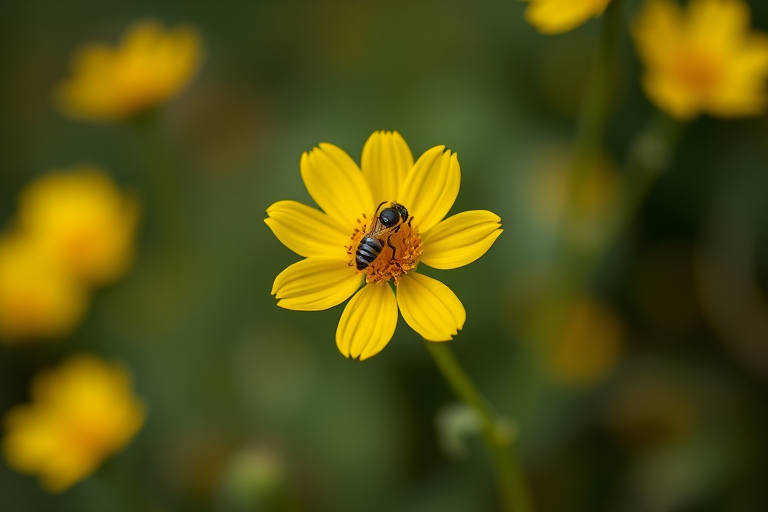 Capture a close-up shot of a yellow flower with a bee on it, using a Canon EOS R5 camera, 85mm f/1.4 lens, aperture at f/2.8, ISO 100, shutter speed 1/200 sec, with a soft bokeh background to enhance focus on the flower and bee.