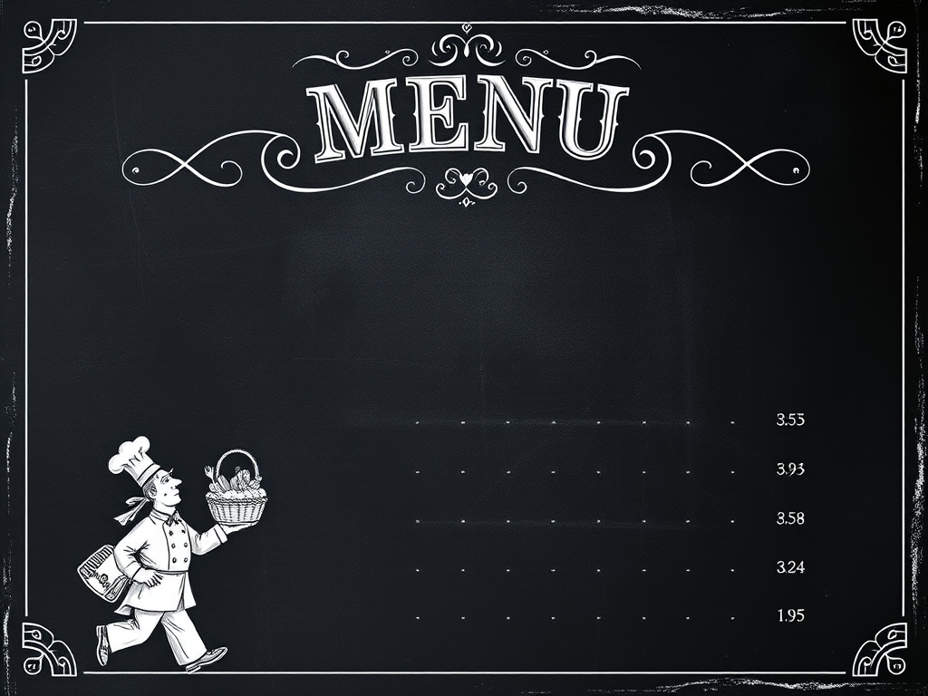 Create a vintage-style chalkboard menu design featuring ornate typography at the top and a hand-drawn chef carrying a basket of food on the bottom left, using a DSLR camera with a 50mm lens, f/1.8 aperture, ISO 100, and soft natural lighting to enhance the texture and contrast.
