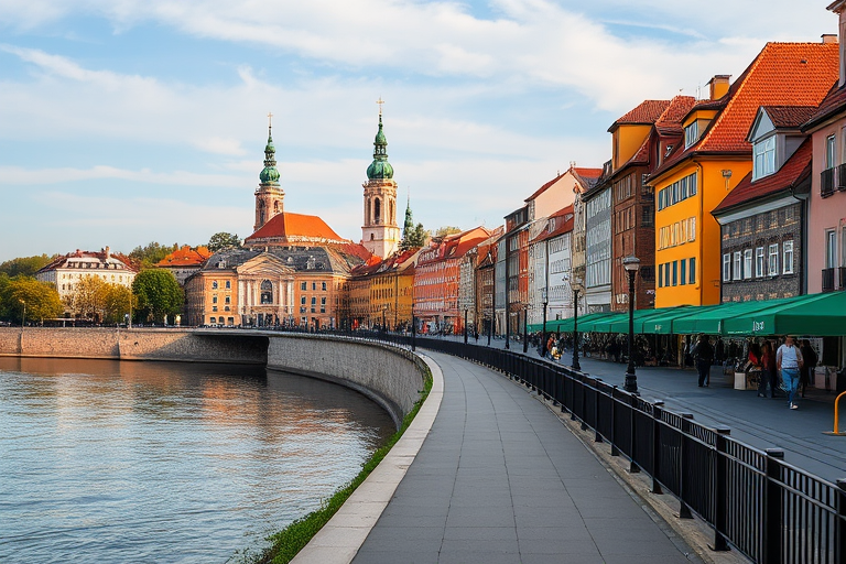 Generate a high-quality image of a riverside promenade with colorful buildings and church towers in the background, using a DSLR camera, focal length of 24mm, aperture f/8, ISO 100, soft natural lighting, and a wide-angle view to capture more of the scenic surroundings.