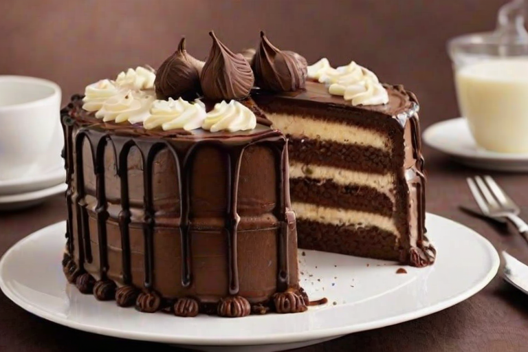 Create an image of a three-layer cake with chocolate frosting, featuring alternating layers of chocolate and vanilla sponge. The cake should have a glossy chocolate drip along the edges and be topped with chocolate truffles and swirls of whipped cream. Display a slice of the cake cut out, showcasing the layers inside. The background should be simple and elegant.