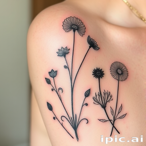 Fine line tattoo titled "Botanical Studies" featuring highly detailed scientific illustrations of various plant species with delicate linework and subtle shading reminiscent of vintage botanical drawings