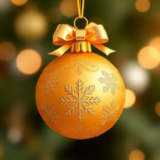 Generate a high-resolution digital illustration of a golden Christmas ornament with intricate snowflake patterns and a shiny bow on top, captured with a DSLR camera at f/2.8 aperture, 50mm lens, and 1/200 sec shutter speed for enhanced depth of field and clarity, with a soft-focus background to emphasize the ornament's details.