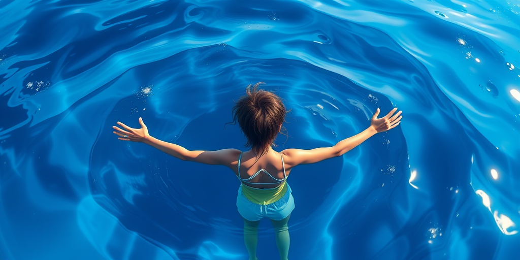 Create a high-quality digital illustration of a character in an ocean surrounded by vibrant blue water, arms outstretched, viewed from a slightly elevated angle, using a Canon EOS R5 camera with a 50mm lens, f/1.4 aperture, ISO 100, 1/200s shutter speed, in a soft focus style to emphasize the serene atmosphere and water reflections.