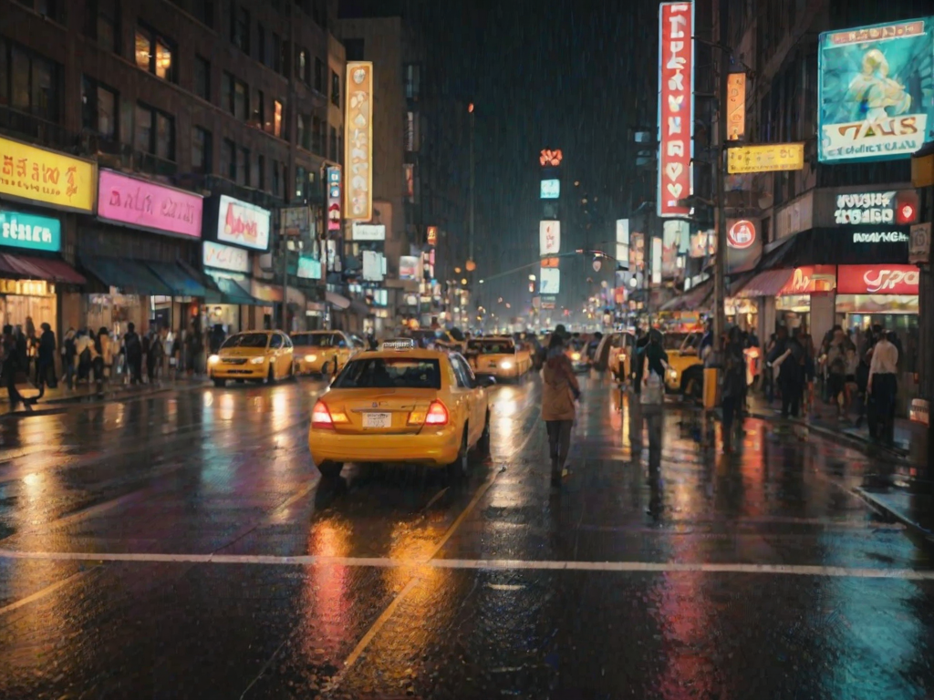 Blurry, fast-paced shot of a busy city street at night, taxis zooming by, pedestrians rushing across the crosswalk, neon signs reflecting off the wet pavement, street vendors selling food under glowing umbrellas, distant honking and soft chatter filling the air.