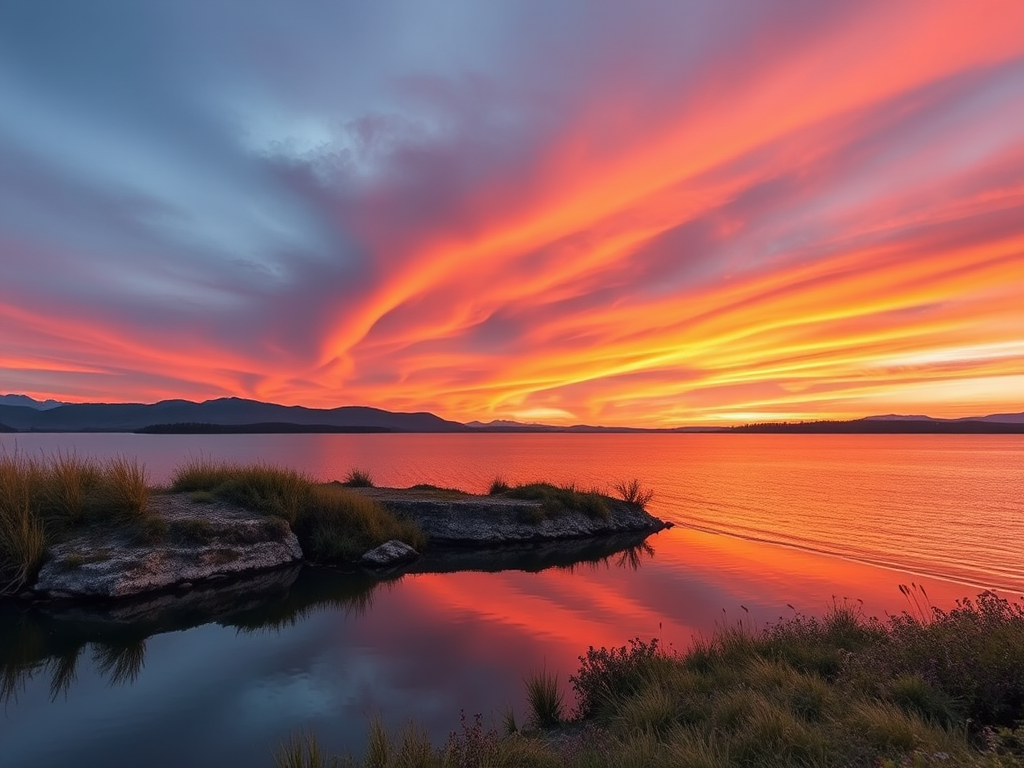 Generate a high-resolution image of a serene landscape featuring a vibrant sunset over a calm lake, captured with a Canon EOS 5D Mark IV, using a 24mm lens at f/8, ISO 100, and a shutter speed of 1/60 seconds, with a wide-angle perspective for depth and clarity.