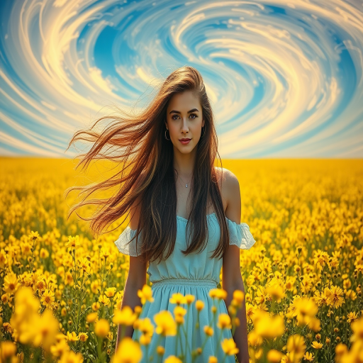 Create a mystical landscape featuring a young woman with flowing hair standing in a vibrant field of yellow flowers, surrounded by swirling blue and yellow hues in the sky, shot with a Canon EOS R5, 50mm lens, f/1.8 aperture, ISO 100, in a soft focus to enhance the dreamy atmosphere.