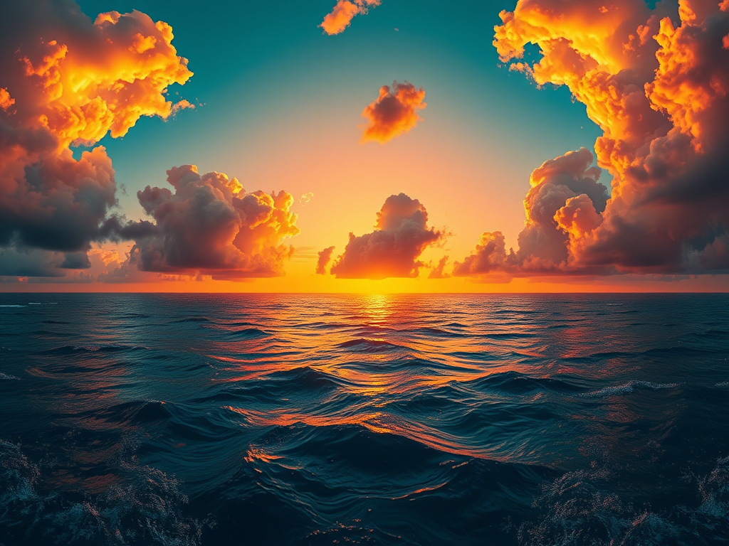 Generate a hyper-realistic image of a dramatic sunset over a futuristic ocean, with vibrant clouds illuminated by golden light, and abstract digital elements subtly integrated into the scene, using a Canon EOS R5, 24mm lens, f/11 aperture, ISO 100, and a panoramic view for enhanced depth and detail.