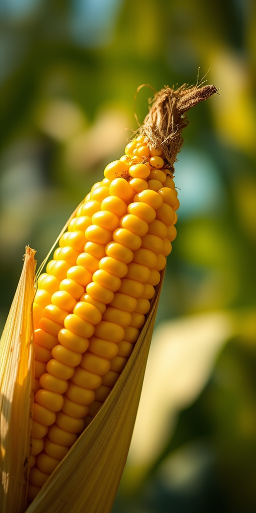close-up of an ear of corn partially husked in warm sunlight, natural bokeh background, 50mm lens, aperture f/2.8, ISO 200, 1/250 sec, DSLR camera, macro photography style