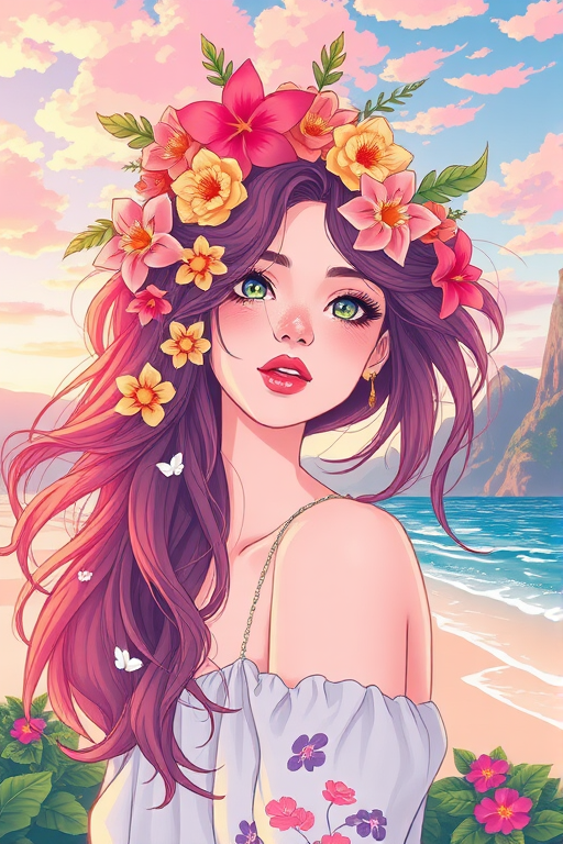 Create a vibrant illustration of a woman with flowing hair adorned with flowers, set against a backdrop of mountains and a beach under an enchanting sky, using a Canon EOS R5 with a 50mm f/1.2 lens, aperture set to f/4, ISO 100, and a soft pastel color palette for a dreamy effect.