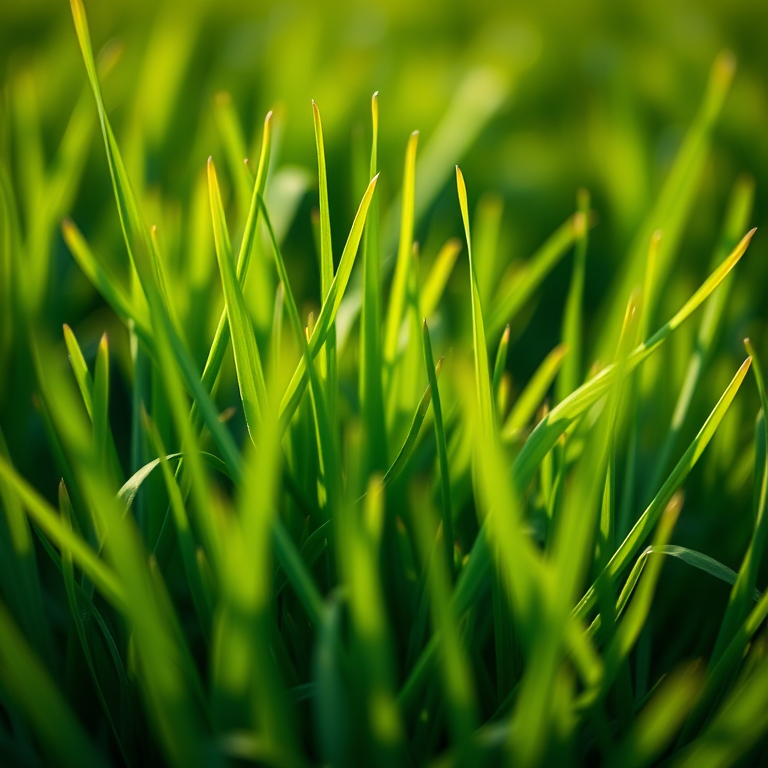 Generate a vibrant image of lush green grass with a shallow depth of field, taken with a Canon EOS R5 at f/2.8, ISO 100, 1/200 sec, using a macro lens for detailed texture and clarity, shot from a low angle perspective to emphasize the grass blades against a soft blurred background.