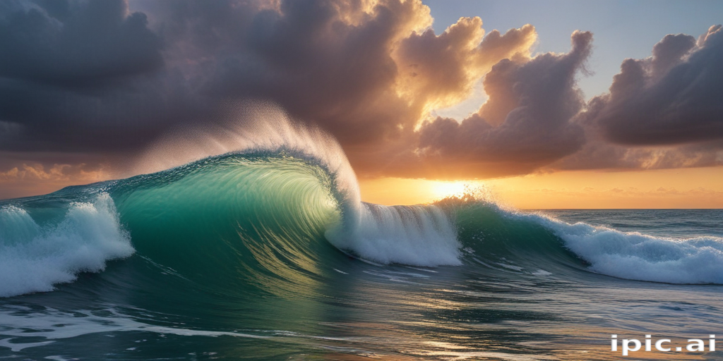 Majestic Ocean Wave Glowing Under a Vibrant Sunset with Dramatic Clouds