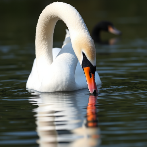 A graceful swan gracefully dipping its head into calm waters, capturing the elegant curves of its neck and pristine white feathers, shot at 50mm focal length, aperture f/2.8, ISO 100, in soft natural light with a DSLR camera at eye level to highlight reflections in the water.