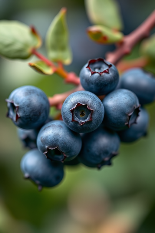 macro shot of blueberries on a branch with a soft bokeh background, f/2.8 aperture, ISO 100, 50mm lens, natural light, DSLR camera
