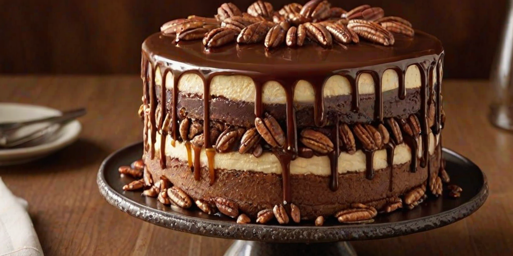 Create an image of a layered cake with a rich caramel and chocolate ganache topping. The cake should be decorated with a generous amount of chopped pecans around the edges and drizzled with both caramel and chocolate. The background should be simple and elegant to highlight the cake's details.