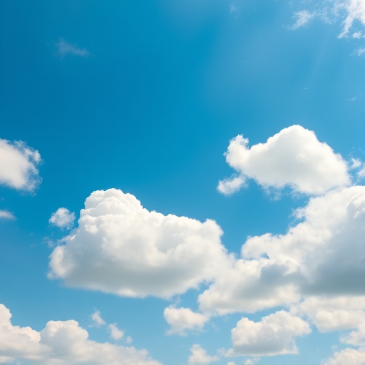 Create a vibrant sky scene with soft, fluffy white clouds scattered against a bright blue background, using a DSLR camera with a 35mm lens, aperture set to f/8, ISO 100, and a shallow depth of field to enhance image clarity.