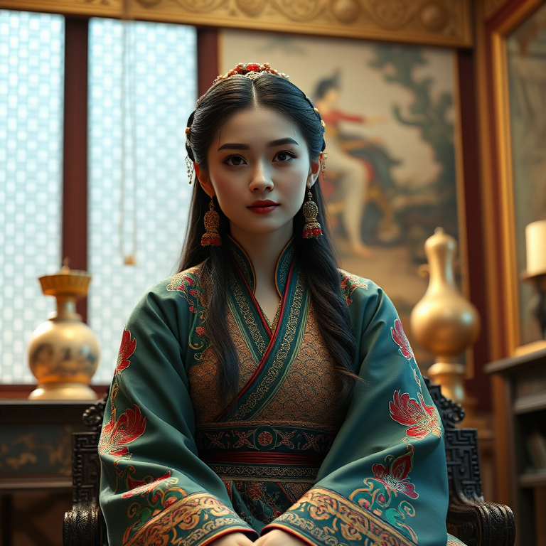 A beautiful Armenian woman in traditional East Asian attire, intricately detailed with embroidered patterns, sitting gracefully in a richly decorated room, soft ambient lighting, serene and elegant, ultra-realistic, 8K resolution