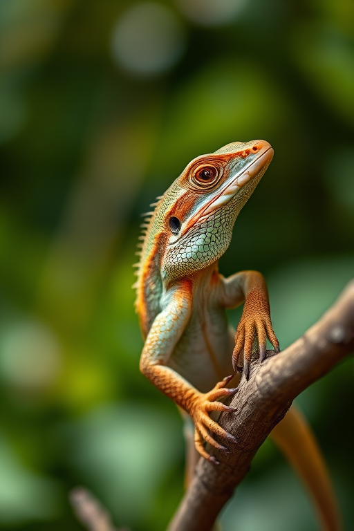 Capture a close-up of a lizard perched on a branch with a blurred green foliage background, using a Canon EOS 90D with a 100mm macro lens, aperture set at f/2.8, ISO 200, shutter speed of 1/250s, natural lighting, focusing on the texture of the lizard's scales and vibrant colors.