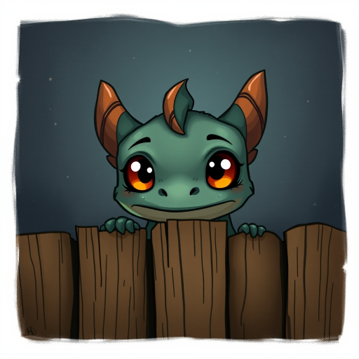 A small, scruffy cartoon-like dragon peers over a wooden fence with wide, expressive amber eyes, giving it an endearing look. The dark, muted background with streaks of faded color adds to the atmosphere of vulnerability and longing. The dragon's oversized eyes, full of emotion, draw the viewer in, evoking a sense of empathy and tenderness. Flecks of light and small bits of debris gently float through the scene, creating a soft, melancholic mood as the dragon waits patiently for comfort.
