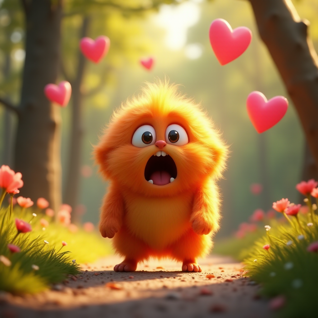 A fluffy orange creature with large eyes and a wide open mouth stands on a path in a whimsical forest, bright pink and red hearts float through the air, the creature has a surprised expression, the light is warm and soft, photorealistic, digital art, 3D style