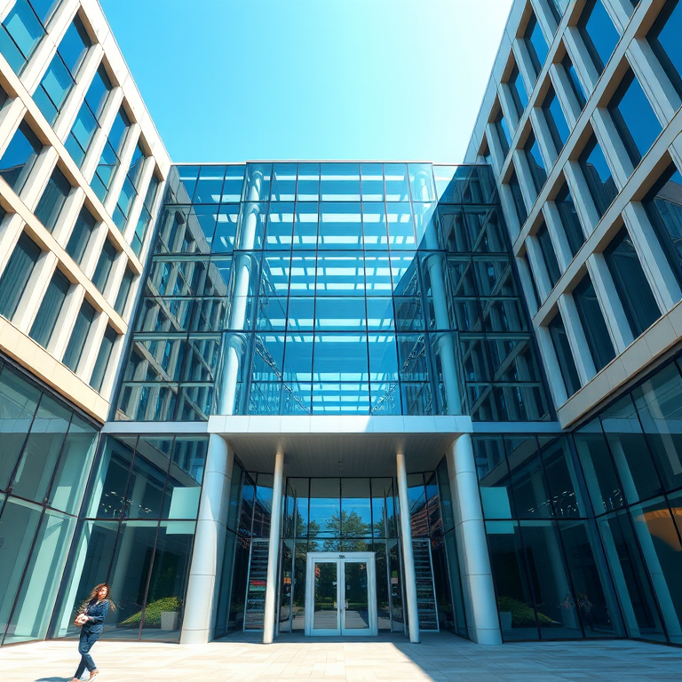 Generate a high-quality vector illustration of a modern building with a glass facade and geometric patterns, shot with a DSLR camera using a 50mm lens at f/8 aperture, ISO 100, in bright daylight, capturing a straight-on view to enhance architectural details.
