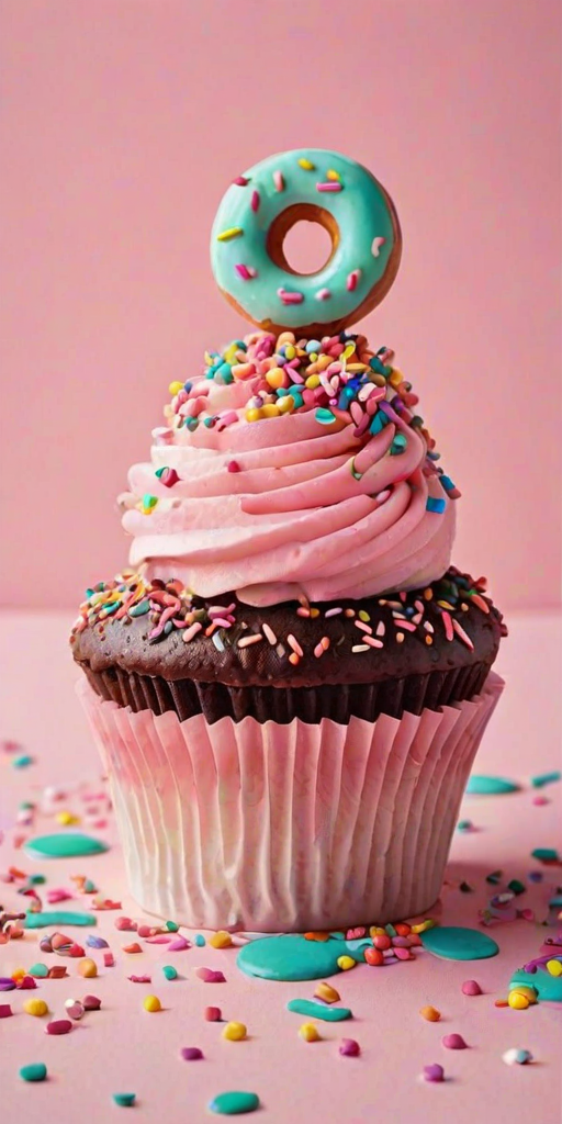 Create an image of a whimsical cupcake topped with a bright pink frosted donut, colorful sprinkles, and playful candy decorations. The cupcake should have a mint green base and a generous drizzle of chocolate frosting, all set against a soft pink background.